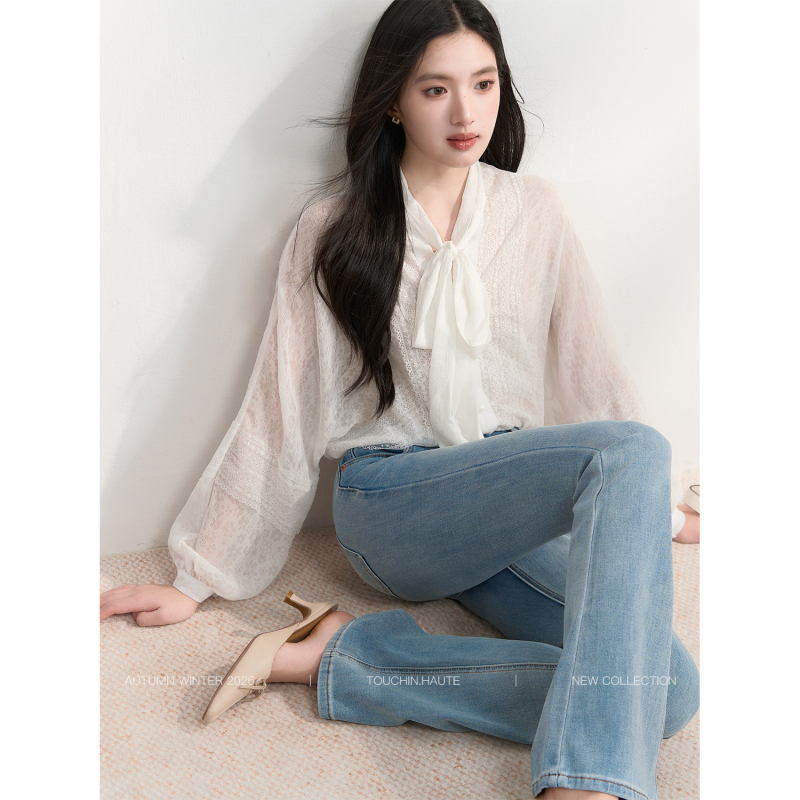 Touchin Haute White Breeze White Lace Shirt French Lantern Sleeves Ribbon Jacquard Long-Sleeved Top Touchin Haute White Breeze White Lace Shirt French Lantern Sleeves Ribbon Jacquard Long-Sleeved Top