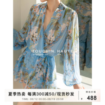 TOUCHIN (positioned oil painting print) silk dress holiday style V-neck lantern sleeve ruffle skirt