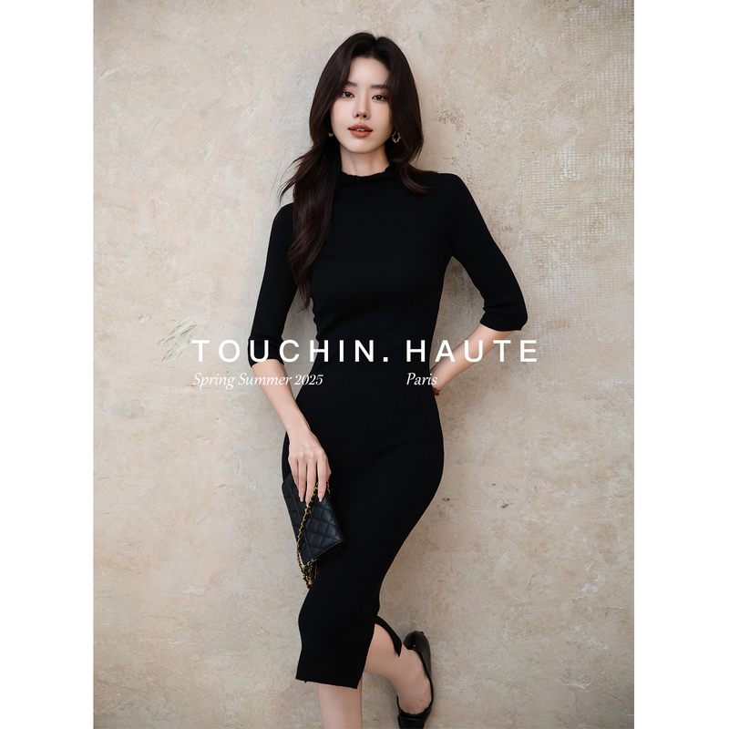 Touchin Haute Senna Melody Fine Worsted 100% Wool Slim Fit Round Neck Long Sleeve Knit Dress