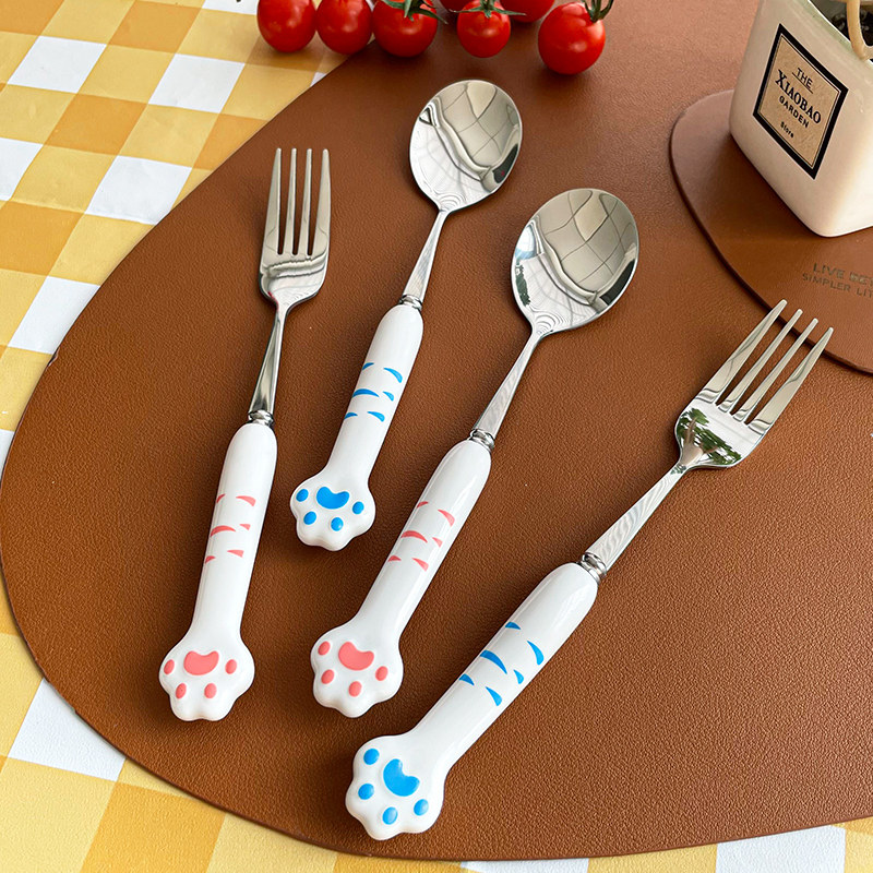 Stainless Steel Spoon and Fork Set with Long Handle, Cartoon Cute Tableware, Home Creative Student and Children's Eating Spoon