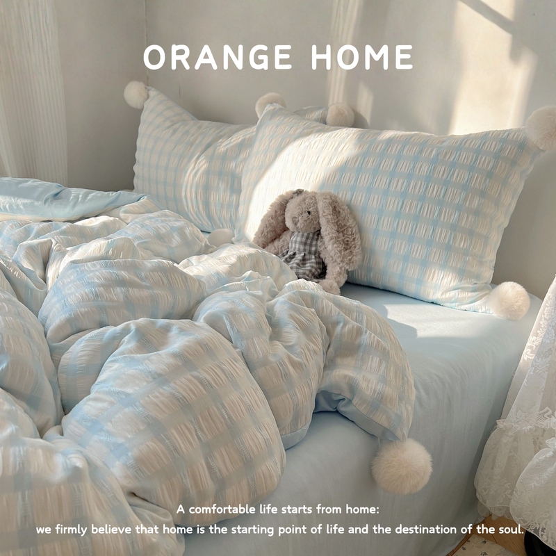 【Sugar Cube Pom-Pom】Four-Piece Bedding Set with Jacquard Pom-Pom Pattern, Plaid, Fresh and Girly Style, Three-Piece Set for Student Dormitories