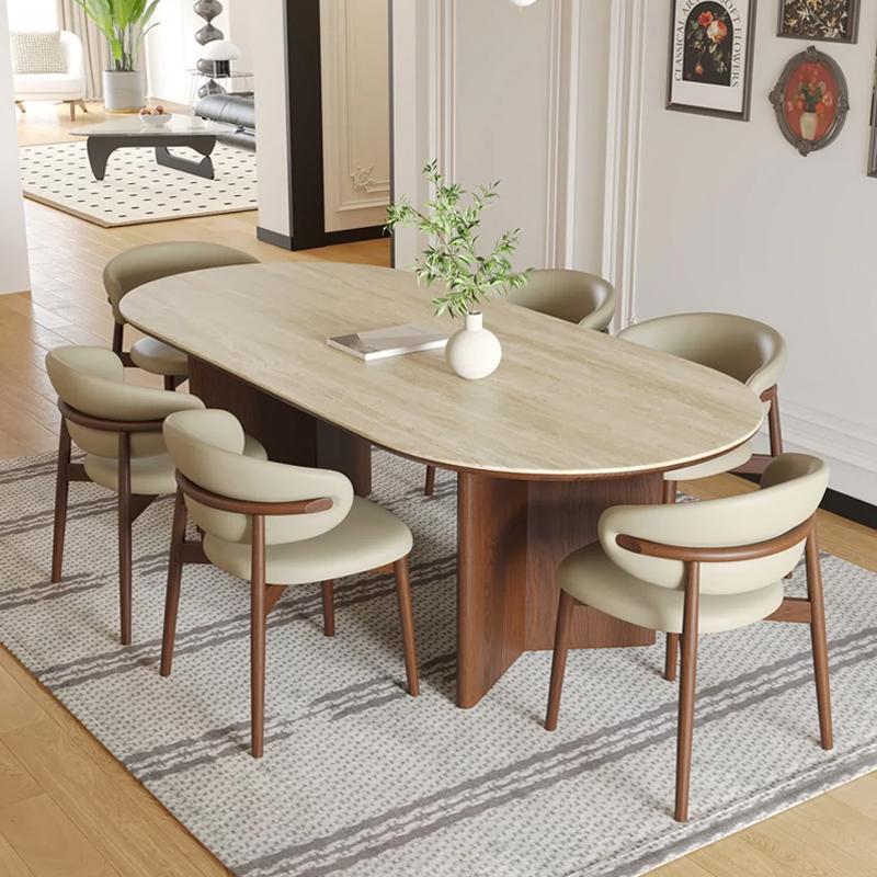 French-Style Medieval Cave Stone Slab Dining Table and Chair Set for Small Apartments, Oval-Shaped Vintage Solid Wood Dining Table French-Style Medieval Cave Stone Slab Dining Table and Chair Set for Small Apartments, Oval-Shaped Vintage Solid Wood Dining Table