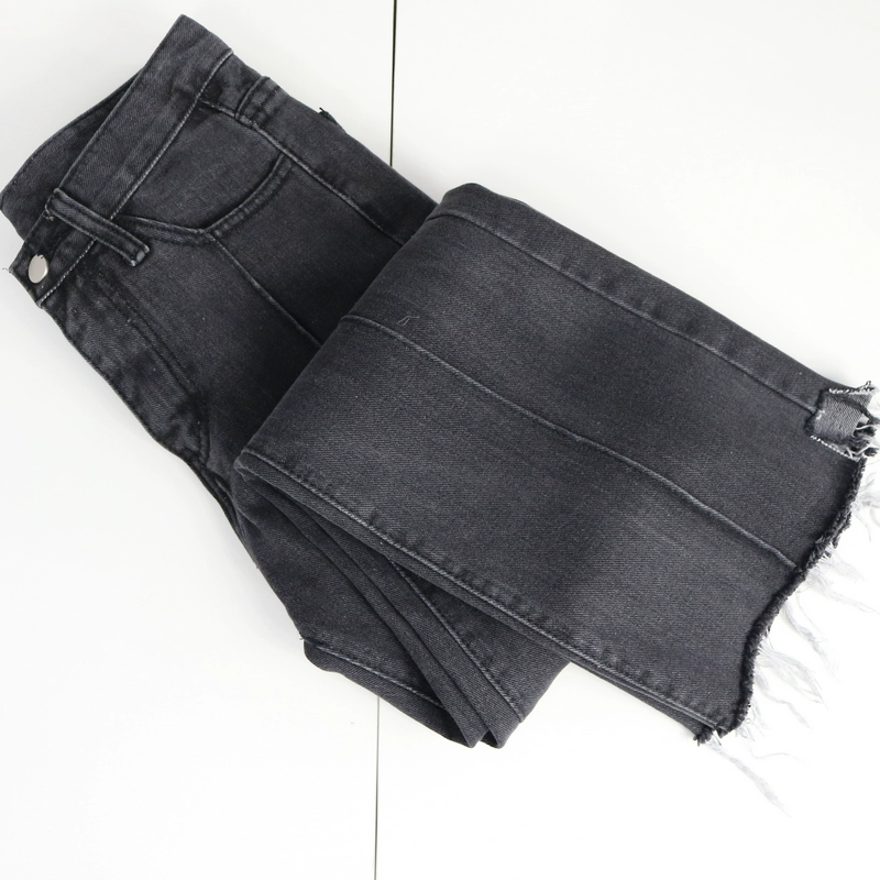 Quần jeans nữ dày 2018 thu đông cao rộng eo cao không đều rìa mờ cạnh micro-horn quần ống rộng quần jean dài