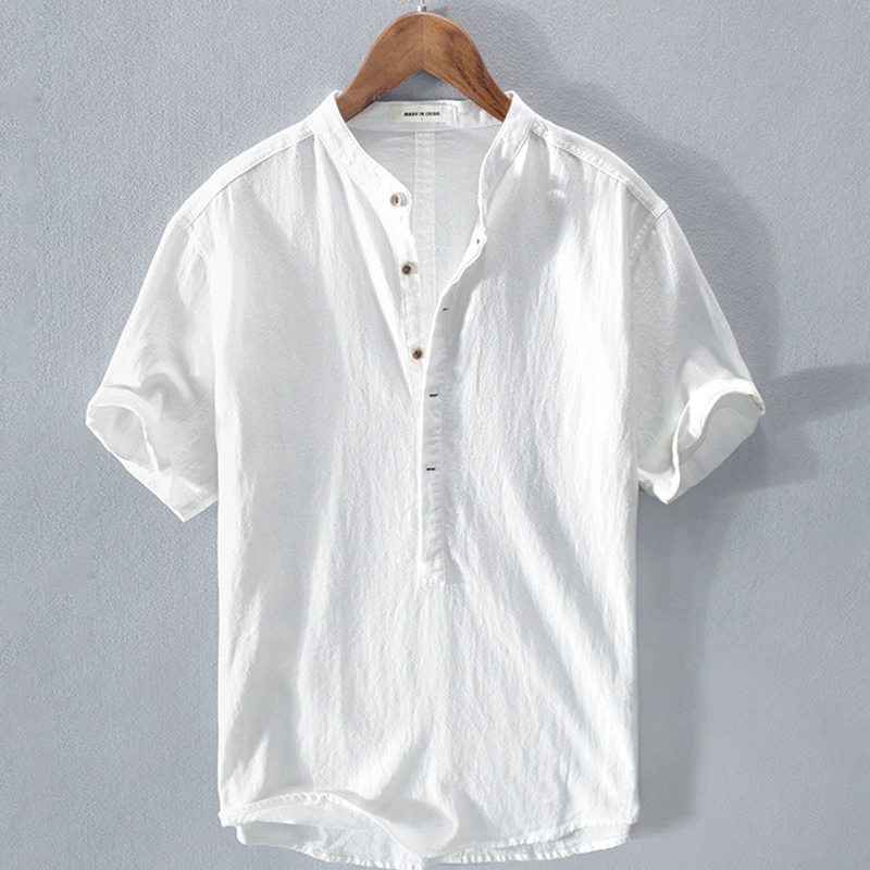 Men's Short-Sleeve Shirt with Stand Collar, White Linen T-Shirt, Summer Cotton-Linen Henley Collar, Collarless Top, Men's Polo Shirt, Trendy
