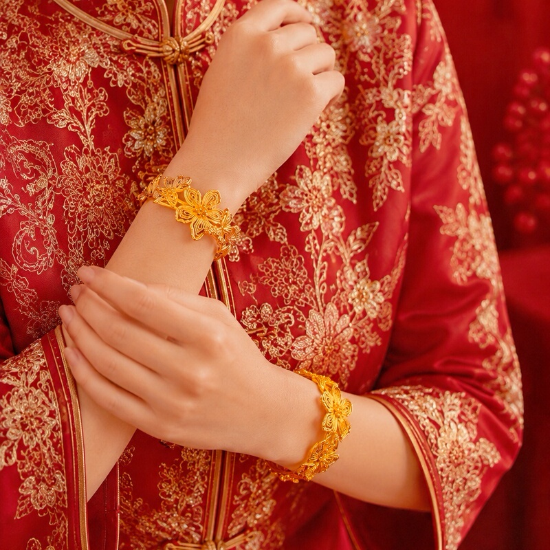Simulated Wedding Fake Gold Bracelet, Butterfly Sand Gold Bracelet for Women, Flower-Shaped Simulated Gold-Colored Bracelet, Open Design