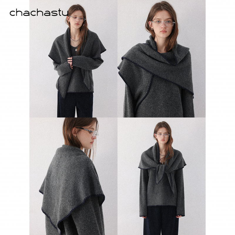 Chacha Fashionable Navy Blue Shell Embroidery Sweater Women's 2026 New Minimalist Elegant V-Neck Sweater Shawl Set