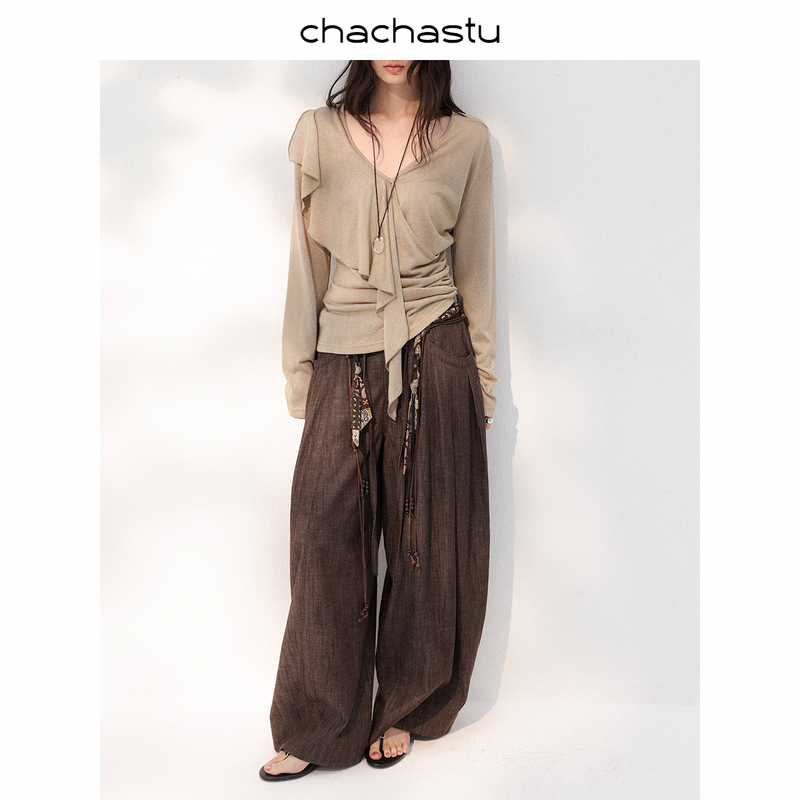 Chacha Natural Blend Coffee! Three-Dimensional Pleated Pockets, Loose Casual Floor-Length Knife-Cut Pants, Women's High-Waisted Wide-Leg Pants