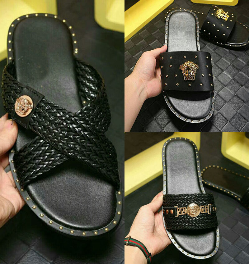 2022 Summer new stylish cool slippers male outwear genuine leather 100 lap slippers male beauty Duesha rivets beach shoe tides