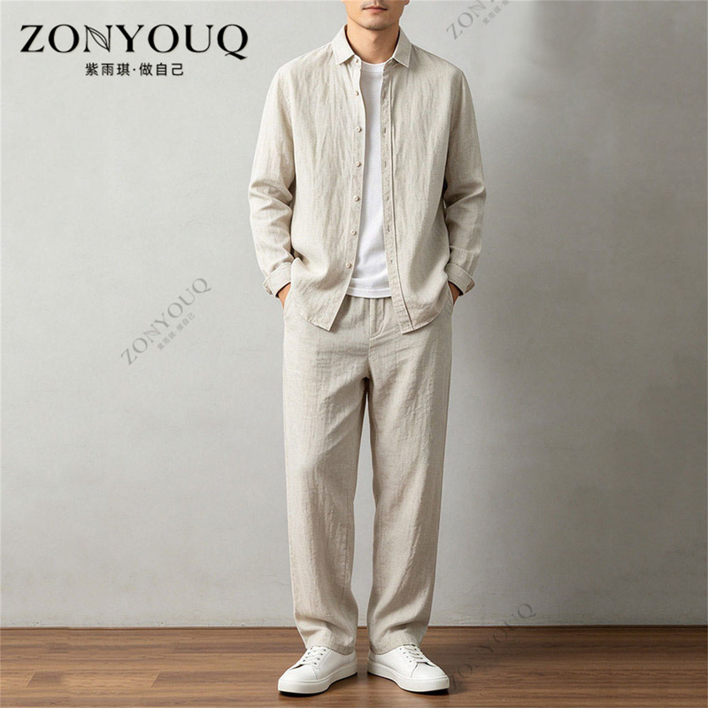 Linen Fashion Suit for Men 2026 Autumn Long-Sleeved Shirt Loose Straight Pants Old Money Style High-End Two-Piece Set Linen Fashion Suit for Men 2026 Autumn Long-Sleeved Shirt Loose Straight Pants Old Money Style High-End Two-Piece Set