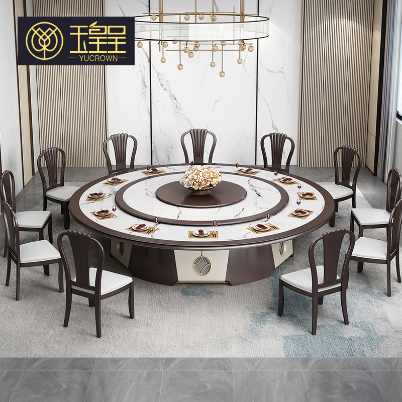 Hotel electric dining table clubhouse villa large round table solid wood 20 people automatic rotating marble slate hot pot table and chairs