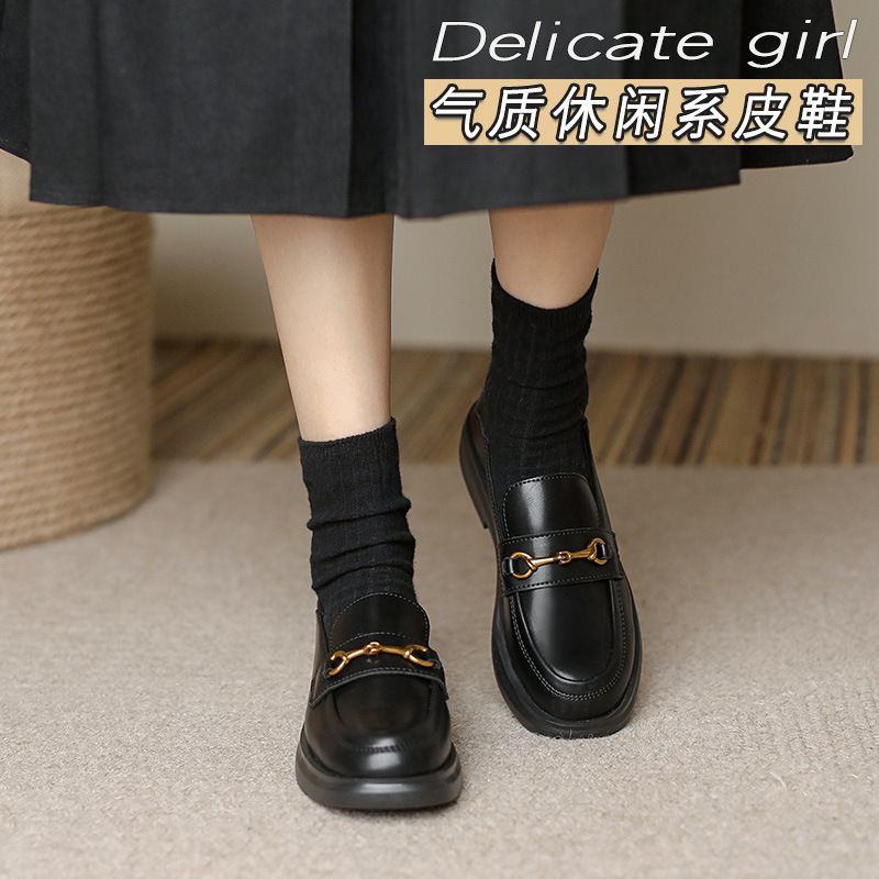 Plus velvet small leather shoes women's 2023 new four seasons British style loafer women's shoes student shoes thick-soled black single shoes