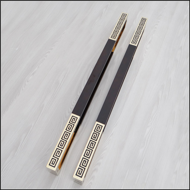Chinese style stainless steel etched back pattern titanium gold frameless glass door handle double open sliding door solid wood door handle black