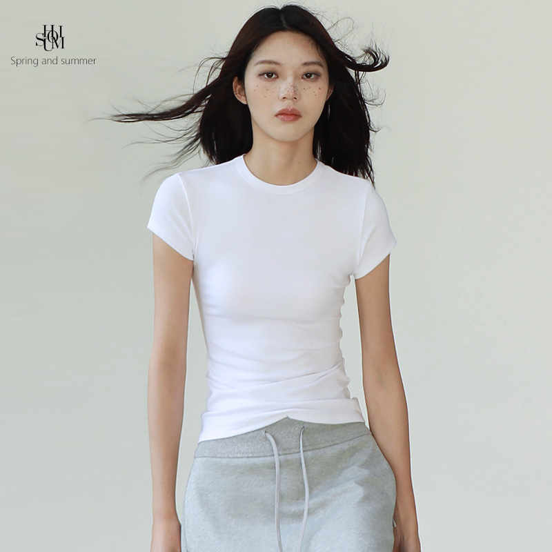 Shuomi American-Style Slim-Fit Round-Neck Short-Sleeve White T-Shirt for Women, Tight-Fitting, Regular Shoulder, Slimming Base Shirt, Cotton Material Shuomi American-Style Slim-Fit Round-Neck Short-Sleeve White T-Shirt for Women, Tight-Fitting, Regular Shoulder, Slimming Base Shirt, Cotton Material