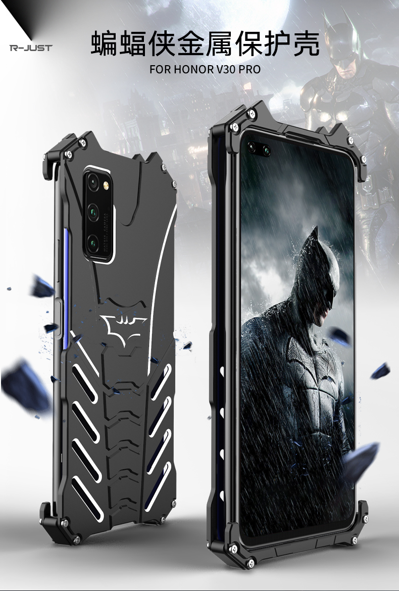 R-Just Batman Shockproof Aluminum Shell Metal Case with Custom Batarang Stent for Huawei Honor V30 Pro & Huawei Honor V30