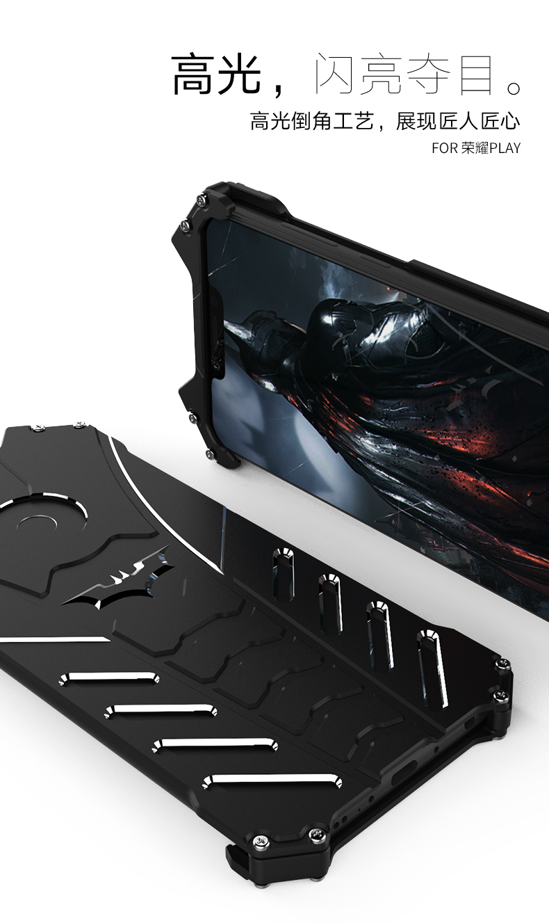 R-Just Batman Shockproof Aluminum Shell Metal Case with Custom Batarang Stent for Huawei Honor Play