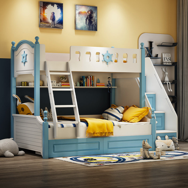 Double-layer solid wood adult dislocation type small apartment upper and lower bunk wooden bed children's furniture boy two-story high and low child mother bed