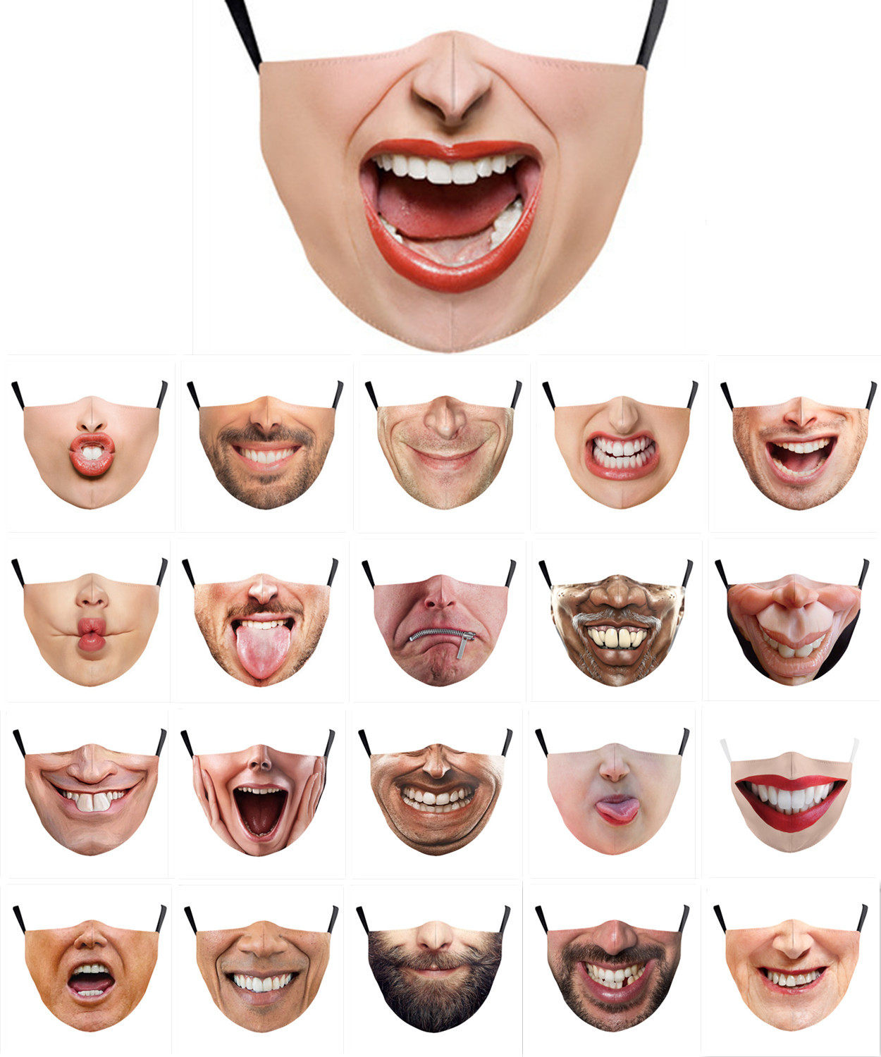 Mask creative personality expression funny prank smile male funny grin beard black white belt lips pattern