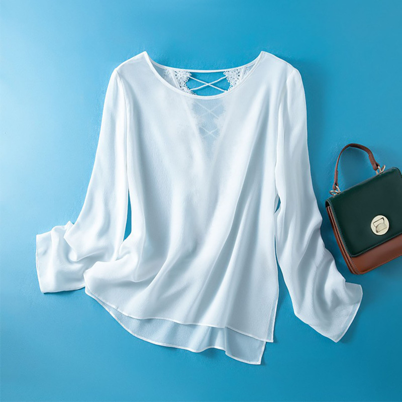 Silk Loose-Fitting Top for Women, Summer Mulberry Silk Sun Protection Blouse, Slimming and Fashionable White Lace Long-Sleeve Plus-Size Shirt Silk Loose-Fitting Top for Women, Summer Mulberry Silk Sun Protection Blouse, Slimming and Fashionable White Lace Long-Sleeve Plus-Size Shirt