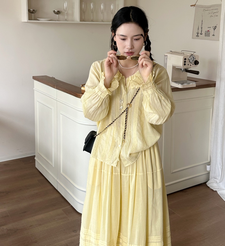 Dajessie Alice's Dream 100% Linen French Retro Lace Heavy-Duty Long-Sleeve Suit Dress 3.28