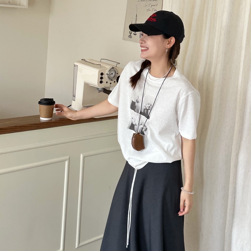 Dajessie Korean Style Energetic T-Shirt Round Neck Puppy Print Short Sleeve Loose Drape Casual T-Shirt 3.30