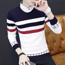 Long autumn and winter pattern plus velvet autumn black and white coat Street sweater mens tight low neck jacket