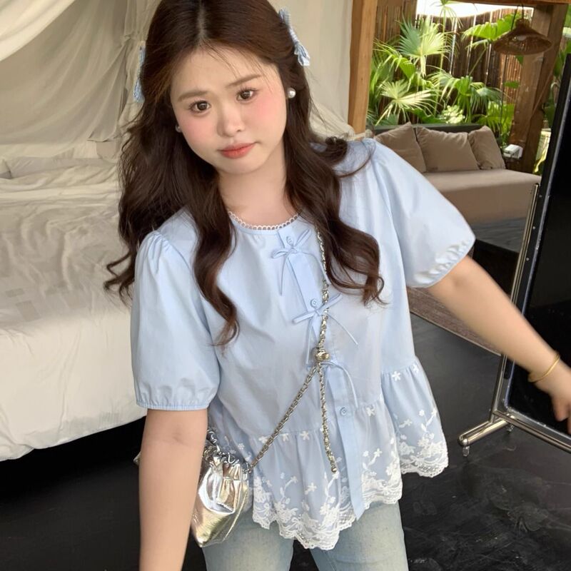 Plus Size 150kg Women's Summer Slimming Round Neck Shirt with Lace Hem Short-Sleeve Top for Chubby Girls Trendy 2 Plus Size 150kg Women's Summer Slimming Round Neck Shirt with Lace Hem Short-Sleeve Top for Chubby Girls Trendy 2
