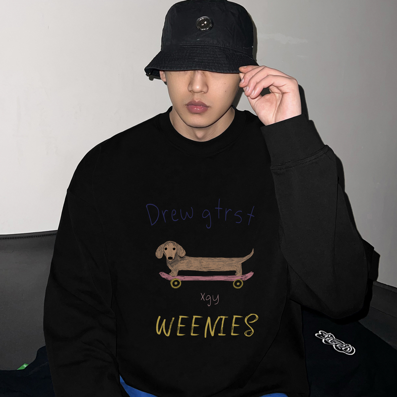 Hip Trendy Brand Cartoon Dachshund Print Long-Sleeve T-Shirt Early Autumn Black Style Pure Cotton Heavyweight Inner Layer Cool and Stylish Base Shirt