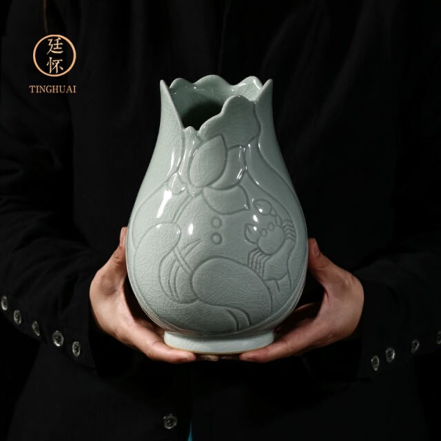 宋代传世青瓷海棠瓶天青釉汝瓷陶瓷花瓶手工制作陶瓷花器小清新青瓷摆件