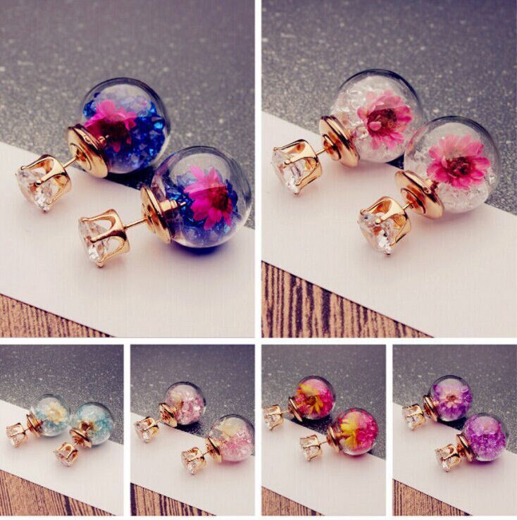 South Korea Imports Rear Pendant Earrings Dry Flowers Woman Earshot Glass Balls Crystal Purple Water Drill Double-sided Delicate Ear Accessories
