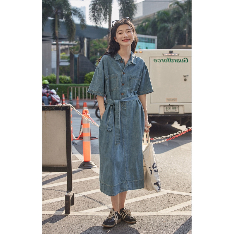 Mere Korea Short-Sleeved Denim Dress for Women 2026 Summer New Style Waist-Slimming Hong Kong Style Mid-Length Skirt
