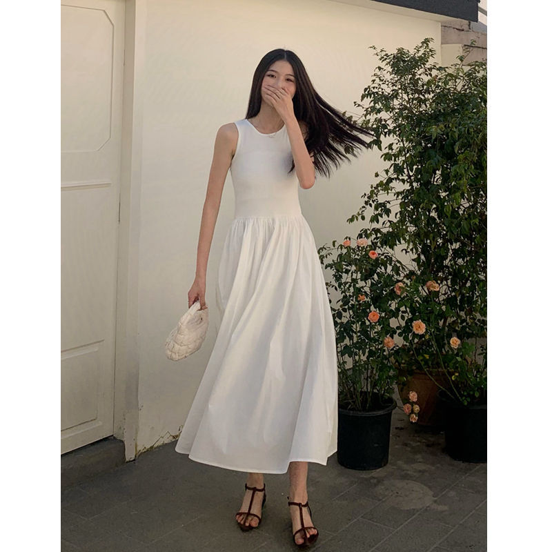Mere Korean White Sleeveless Dress for Women 2026 Summer High-End Elegant Mid-Length Slimming Tank Dress