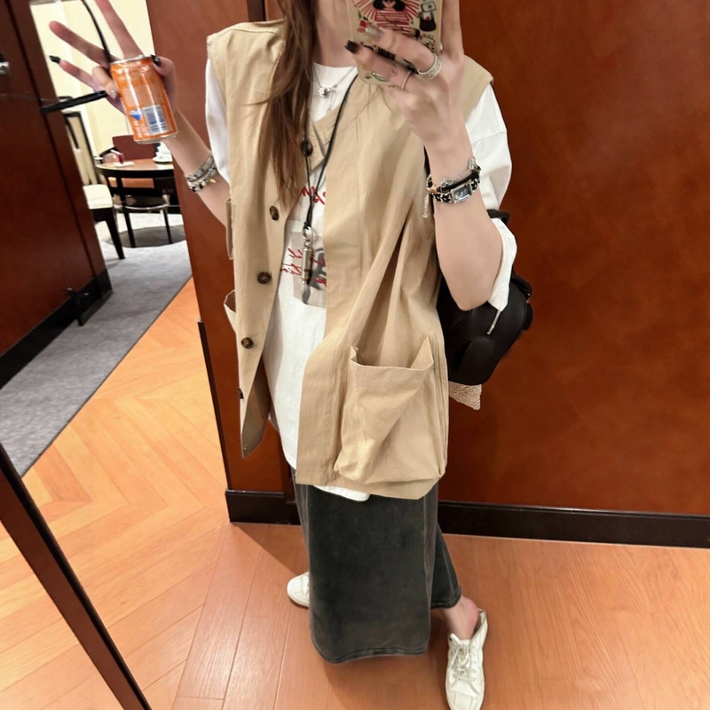 Summer Layered Loose Multi-Pocket Workwear Stand-Collar Vest for Women, Versatile Casual Artistic Style Slimming Top