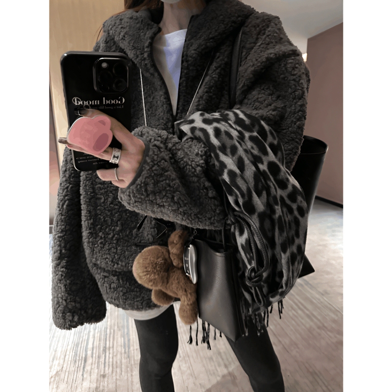 Paris Gray Thick Faux Shearling Coat for Women, Loose Hooded Fleece-Lined Fur Coat for Winter 2025