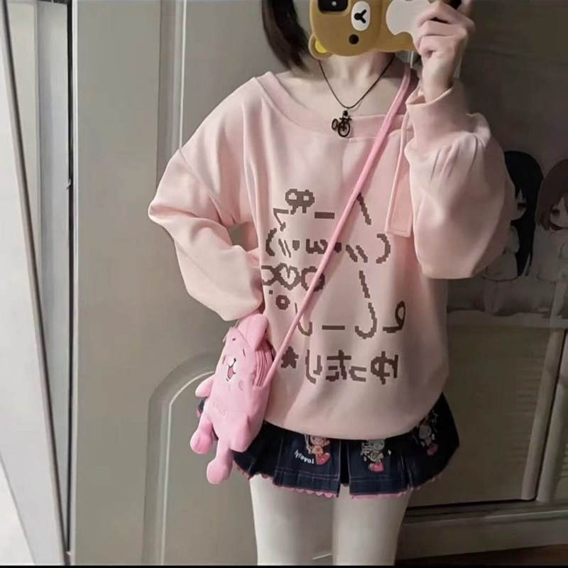Spring and Autumn Japanese Style Soft Girl Cute Anime Print Bow Off-Shoulder Long-Sleeve Thin T-Shirt Sweatshirt for Women
