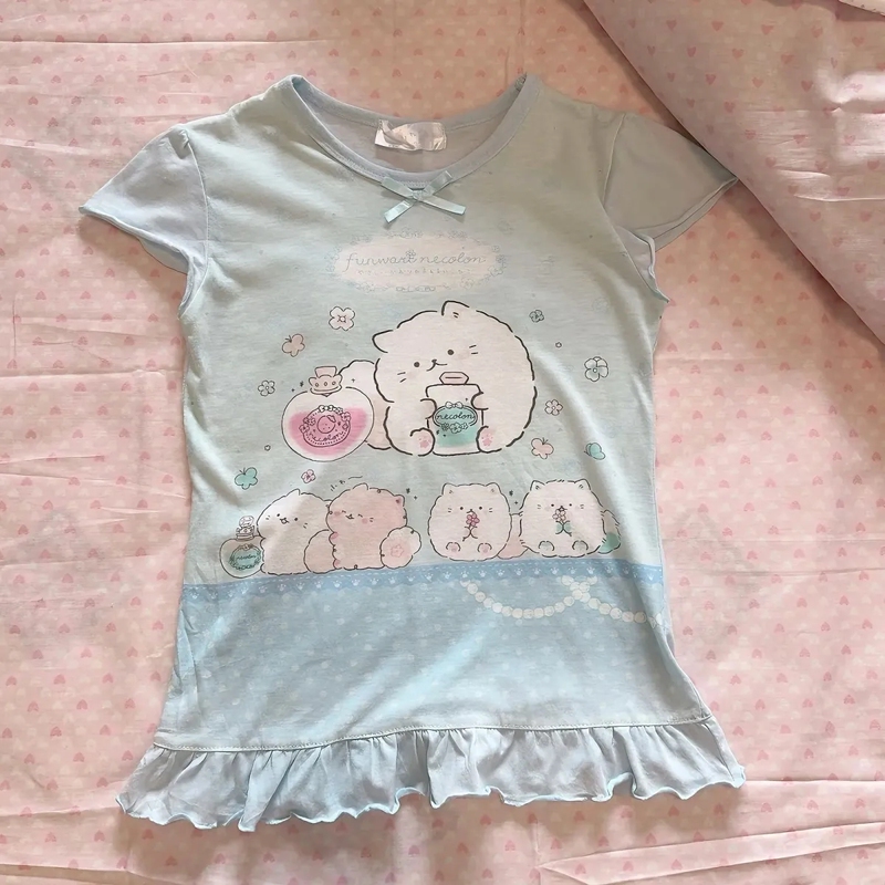 Summer Style Soft Girl Cute Bow Cartoon Print Petite Mp Replica Short-Sleeve Daughter's Clothing T-Shirt Top for Women
