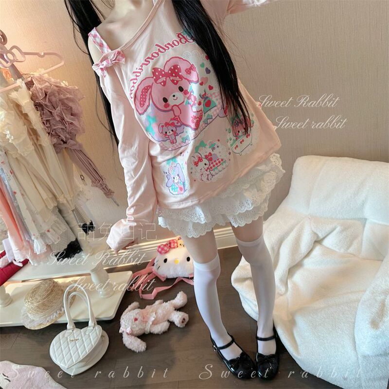 Summer Style Soft and Cute Girl Sweet and Adorable Bobo Rabbit Print Replica Mp Loli Daughter Outfit Off-Shoulder Top T-Shirt for Women