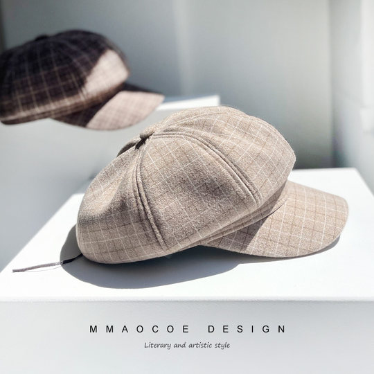 Women's Autumn and Winter Versatile Beret Hat, Plaid Woolen Newsboy Cap, Suitable for Round Faces, Artistic Hong Kong Style Painter's Hat