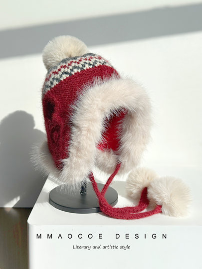 Fair Isle Style Knitted Wool Hat for Women, Fleece-Lined, Thickened, Warm, Windproof, Ear-Protecting, Suitable for Northeast Skiing, Looks Great in Photos