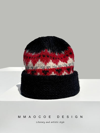 Women's Winter Thickened Warm Ear-Protecting Wool Hat, Vintage Artistic Fair Isle Style Knitted Hat for Women