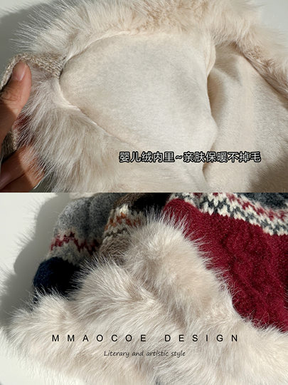 Fair Isle Style Knitted Wool Hat for Women, Fleece-Lined, Thickened, Warm, Windproof, Ear-Protecting, Suitable for Northeast Skiing, Looks Great in Photos