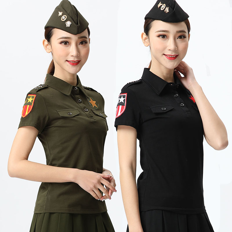Trang phục thủy thủ mùa xuân và mùa thu 2018 Mới Áo thun dài tay nữ màu đỏ Pentagram Ve áo Quân đội Trang phục Khiêu vũ vuông - Những người đam mê quân sự hàng may mặc / sản phẩm quạt quân đội rằn ri đặc công