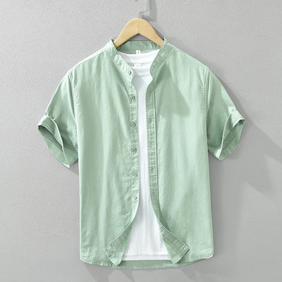 A small stand-up collar short-sleeved cotton and linen shirt for men, a thin, breathable, loose and casual round-neck solid-color shirt for men in summer