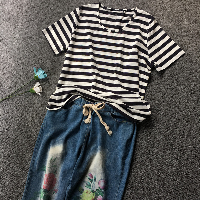 Ou Dansen women's literary and fresh style oversize classic gold stripe basic loose short-sleeved women's t-shirt