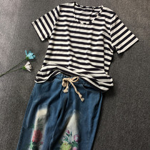 Omonosen Womens Department Literary and Breeze Oversize Classic Gold Silk Stripe Foundation Loose Short Sleeve Women T-Shirt