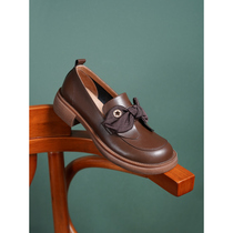 Round toe cowhide bowknot deep mouth single shoes low heel 2022 spring and autumn new wide-foot leather shoes slip-on moccasins for women