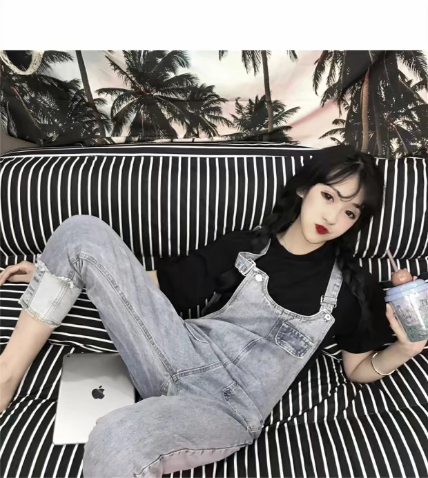 Hồng Kông sang trọng mang phong cách nữ mùa hè phong cách mới Daning loạt thời trang denim tình yêu đầu tiên quần curling lỏng quai chín quần thủy triều quần bò chun