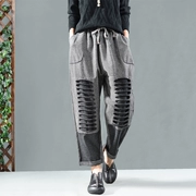 Vườn công viên đẹp retro văn chương pinstripe đan quần harem cá tính lỗ giản dị quần hoang dã quần mỏng phụ nữ