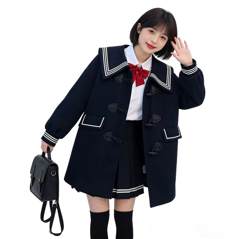 Academy-Style Navy Collar Woolen Coat with Horn Buttons, Women's Mid-Length Coat, Navy Blue Thickened Overcoat, Jk Uniform