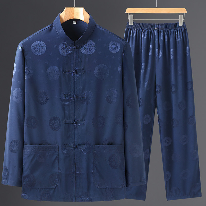 Spring and summer middle-aged and elderly Tang suit men's thin dad suit grandpa summer dress ice silk long-sleeved Chinese style elderly clothes