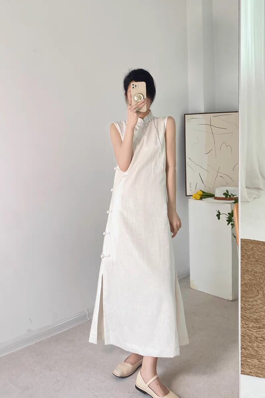 Retro New Chinese Style Buttoned Cheongsam Skirt Waist Slimming Mid-Length Skirt Cotton and Linen Artistic Slit Dress